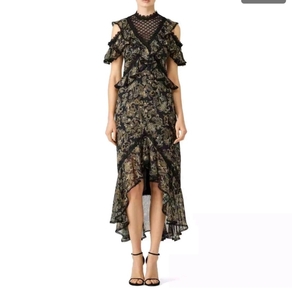 AMUR Pleated Tiered Maxi Edna Dress
100% Silk Floral Black Size 2 Goth NWOT